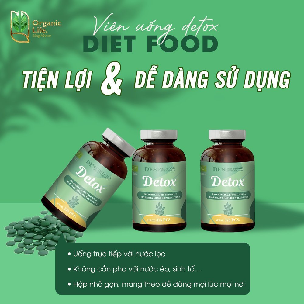 [11.2026] Viên uống detox hữu cơ Diet-food 375v, hỗn hợp bột tảo và bột cỏ lúa mì