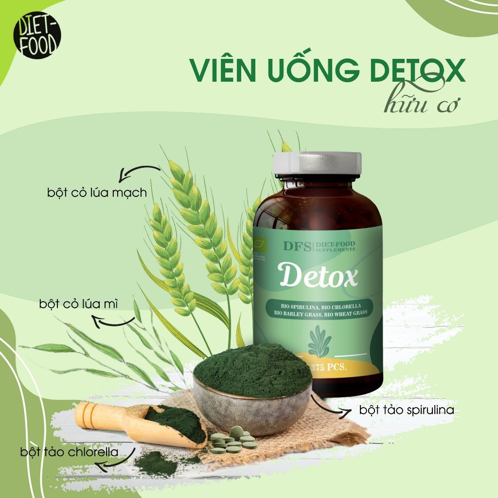 [11.2026] Viên uống detox hữu cơ Diet-food 375v, hỗn hợp bột tảo và bột cỏ lúa mì