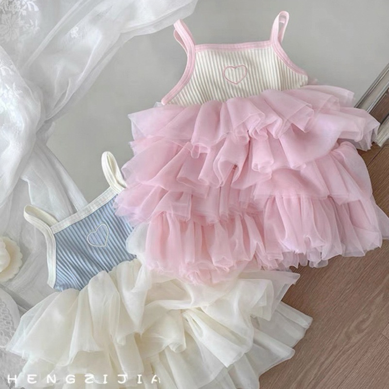 (Order) Váy 2 dây hình trái tim bồng xoè tầng phù hợp đi chơi, sinh nhật dành cho bé gái