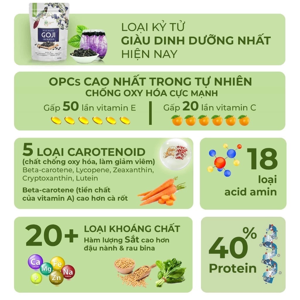Hắc kỷ tử hoang dã (Kỷ tử đen) Wild Black Goji Berries Organic Life/ C'lavie