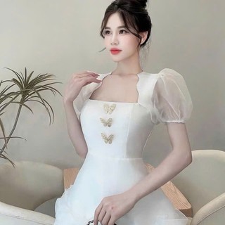 Đầm hotgirl chất tapta cao cấp tay ngắn cổ vuông đính charm tay áo búp phối sóng thiết kế sang trọng