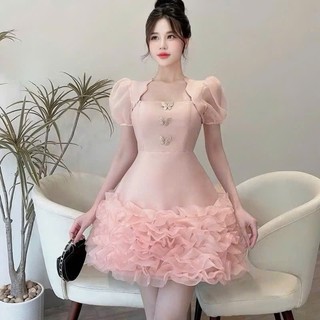 Đầm hotgirl chất tapta cao cấp tay ngắn cổ vuông đính charm tay áo búp phối sóng thiết kế sang trọng