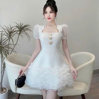 Đầm hotgirl chất tapta cao cấp tay ngắn cổ vuông đính charm tay áo búp phối sóng thiết kế sang trọng