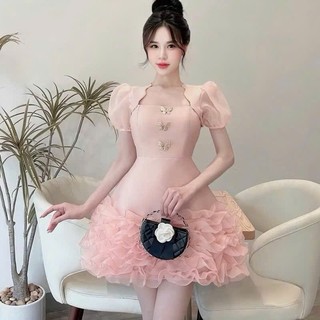 Đầm hotgirl chất tapta cao cấp tay ngắn cổ vuông đính charm tay áo búp phối sóng thiết kế sang trọng