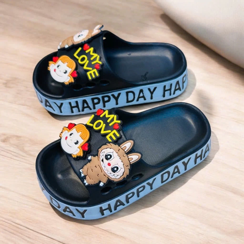 Dép bánh mì thời trang siêu dày cho bé trai bé gái hình thỏ labubu mèo kitty đế cao viền chữ Happy Day