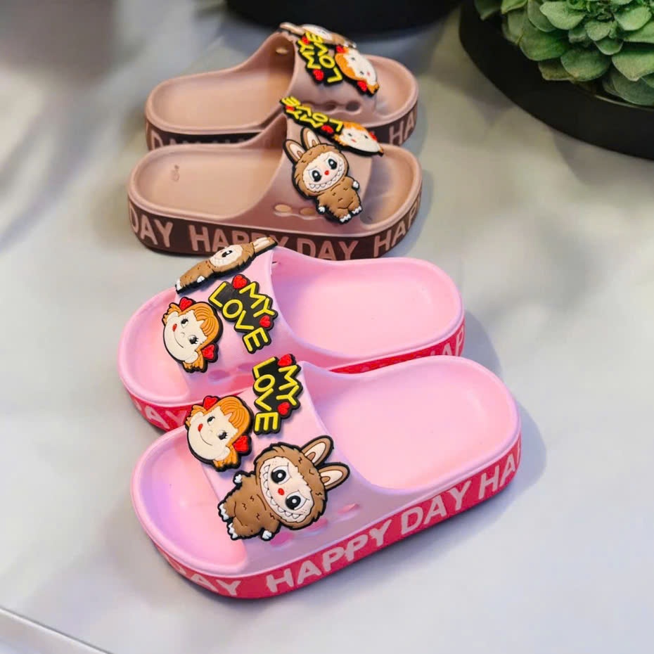 Dép bánh mì thời trang siêu dày cho bé trai bé gái hình thỏ labubu mèo kitty đế cao viền chữ Happy Day
