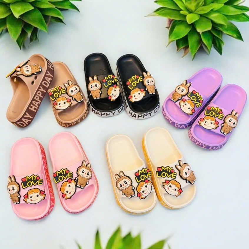 Dép bánh mì thời trang siêu dày cho bé trai bé gái hình thỏ labubu mèo kitty đế cao viền chữ Happy Day