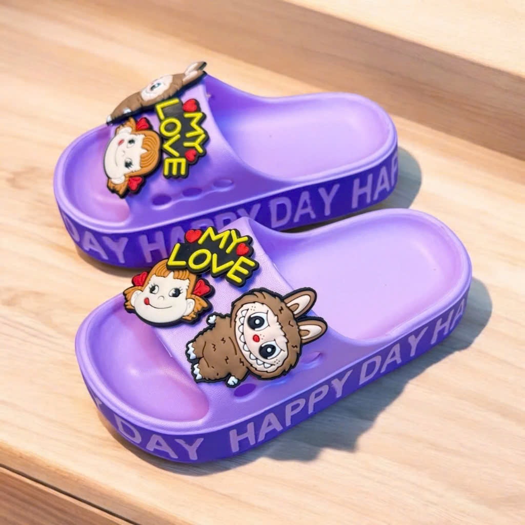 Dép bánh mì thời trang siêu dày cho bé trai bé gái hình thỏ labubu mèo kitty đế cao viền chữ Happy Day