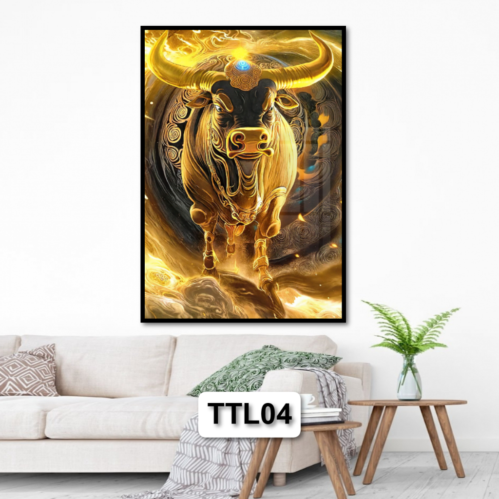 Tranh Trâu Vàng Tài Lộc Cho Người Tuổi Sửu - Tranh Gỗ Tráng Gương Có Khung Composite Decor Treo Tường