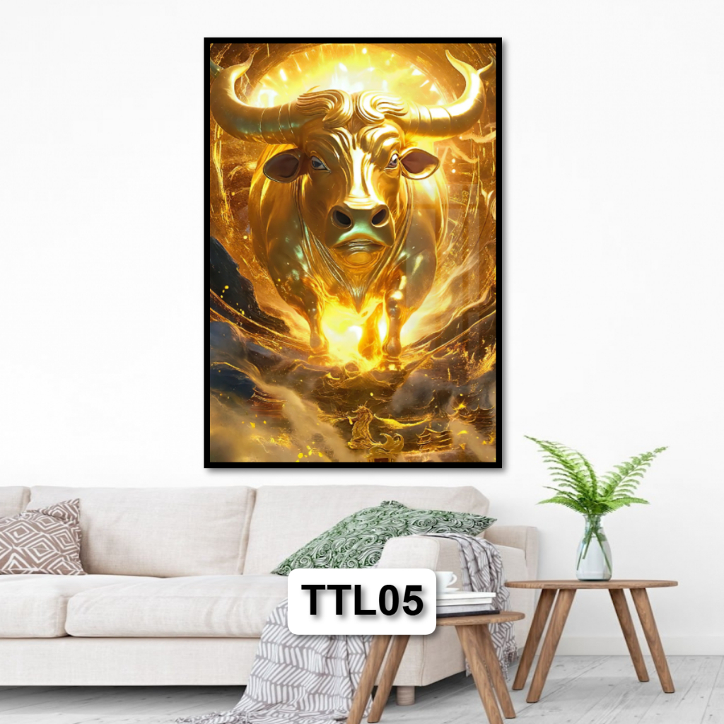 Tranh Trâu Vàng Tài Lộc Cho Người Tuổi Sửu - Tranh Gỗ Tráng Gương Có Khung Composite Decor Treo Tường