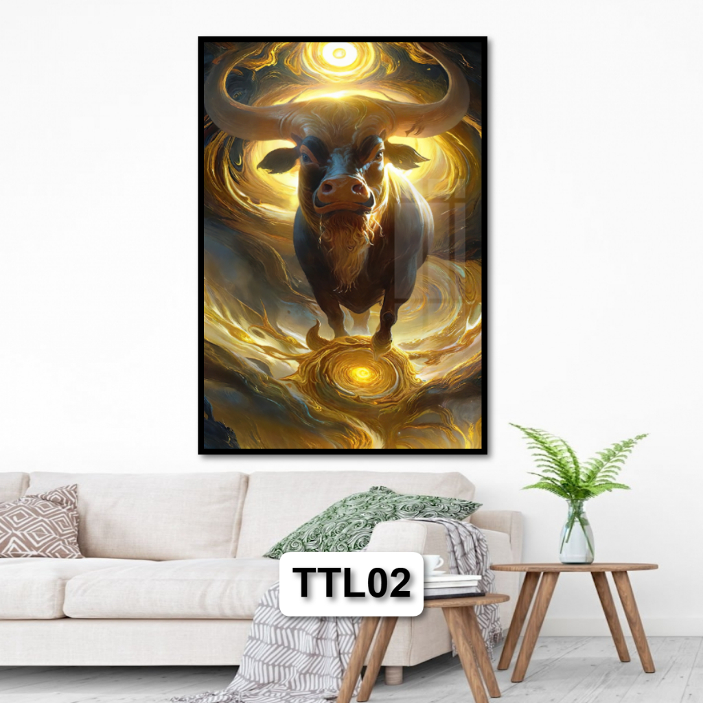 Tranh Trâu Vàng Tài Lộc Cho Người Tuổi Sửu - Tranh Gỗ Tráng Gương Có Khung Composite Decor Treo Tường
