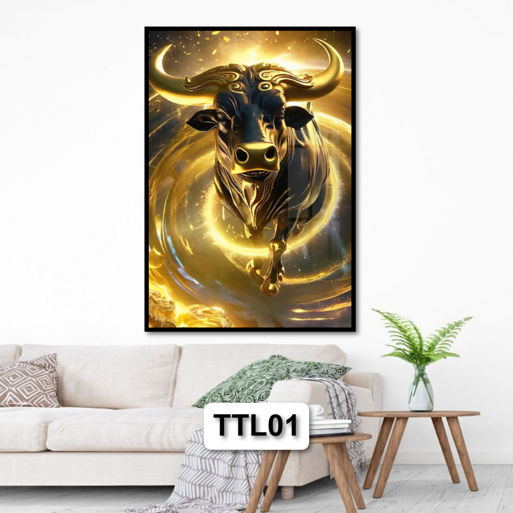 Tranh Trâu Vàng Tài Lộc Cho Người Tuổi Sửu - Tranh Gỗ Tráng Gương Có Khung Composite Decor Treo Tường