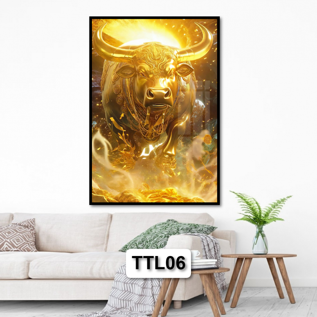 Tranh Trâu Vàng Tài Lộc Cho Người Tuổi Sửu - Tranh Gỗ Tráng Gương Có Khung Composite Decor Treo Tường