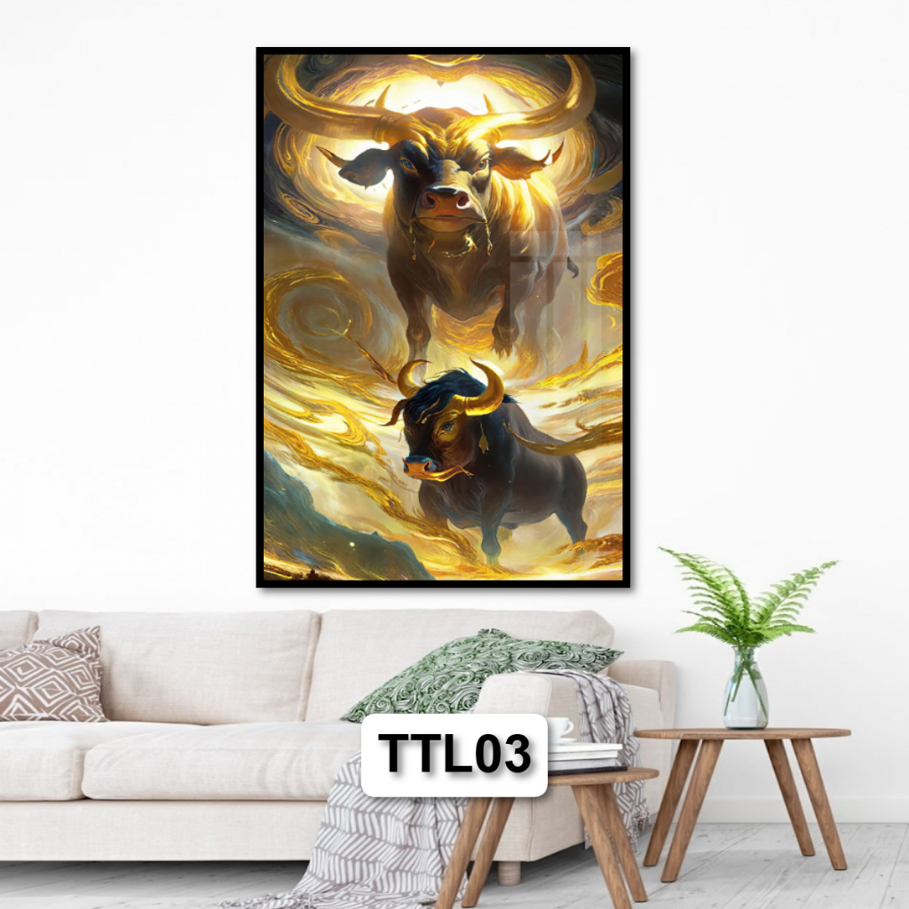 Tranh Trâu Vàng Tài Lộc Cho Người Tuổi Sửu - Tranh Gỗ Tráng Gương Có Khung Composite Decor Treo Tường