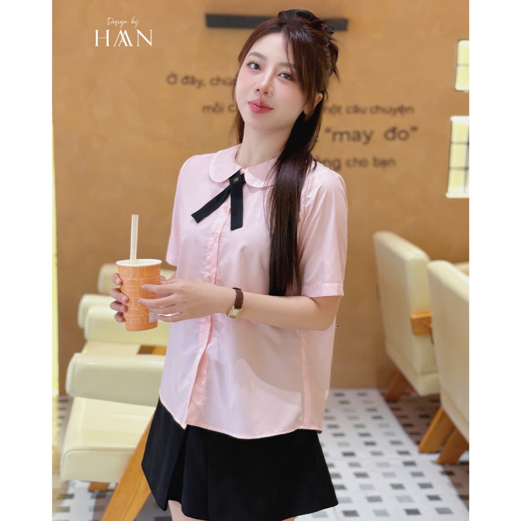Áo Sơ Mi Nữ Ngắn Tay Mix Nơ Cổ Basic Chất Thô Lụa Mềm Mát SM205