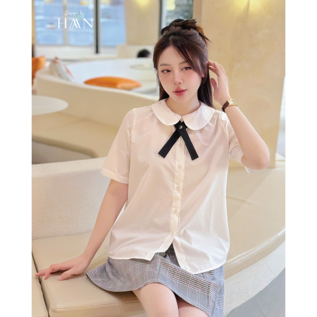 Áo Sơ Mi Nữ Ngắn Tay Mix Nơ Cổ Basic Chất Thô Lụa Mềm Mát SM205