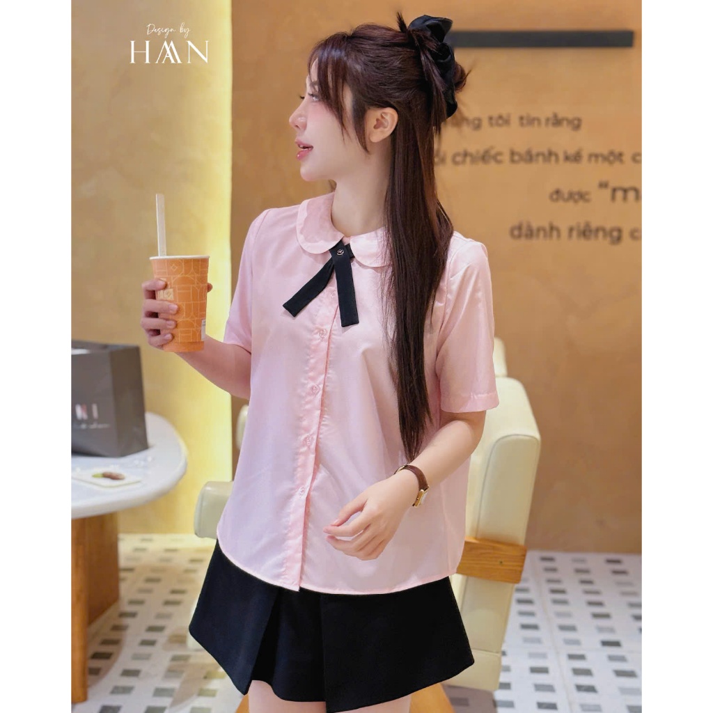 Áo Sơ Mi Nữ Ngắn Tay Mix Nơ Cổ Basic Chất Thô Lụa Mềm Mát SM205
