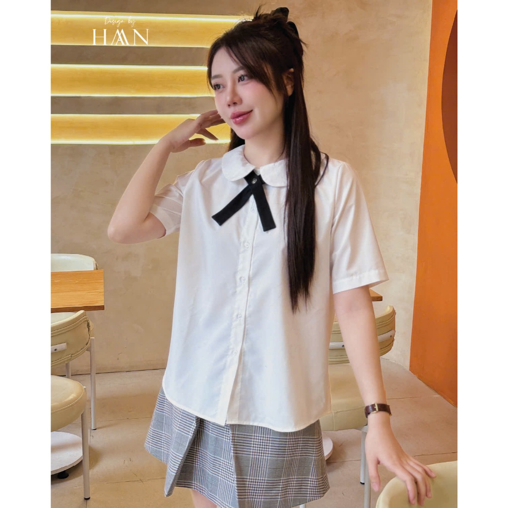 Áo Sơ Mi Nữ Ngắn Tay Mix Nơ Cổ Basic Chất Thô Lụa Mềm Mát SM205