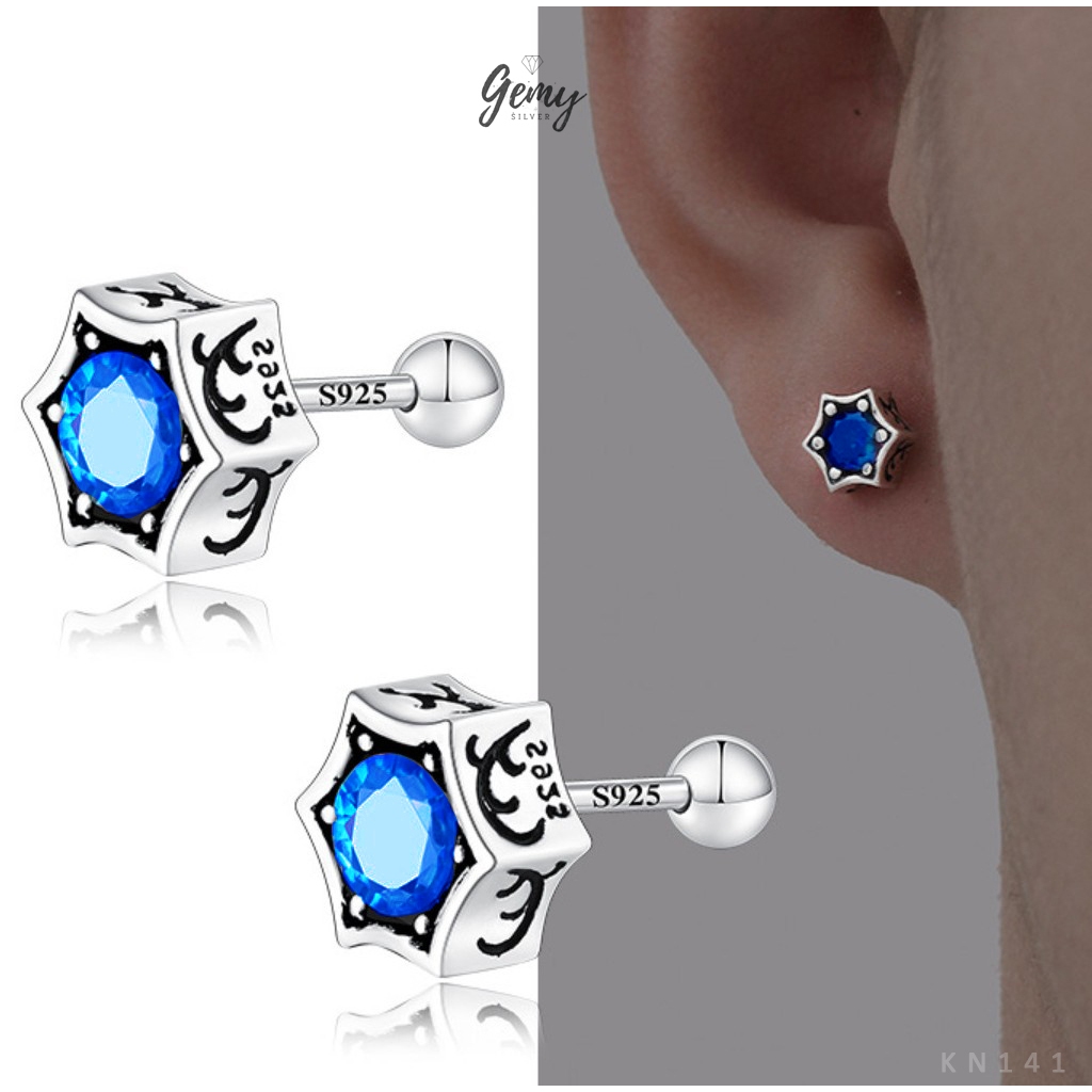 Khuyên tai nam bạc ta, 925 đá nhiều màu chuôi bi vặn hổ phách, xanh dương, đen KN97 KN137 KN141 KN149 | GEMY SILVER