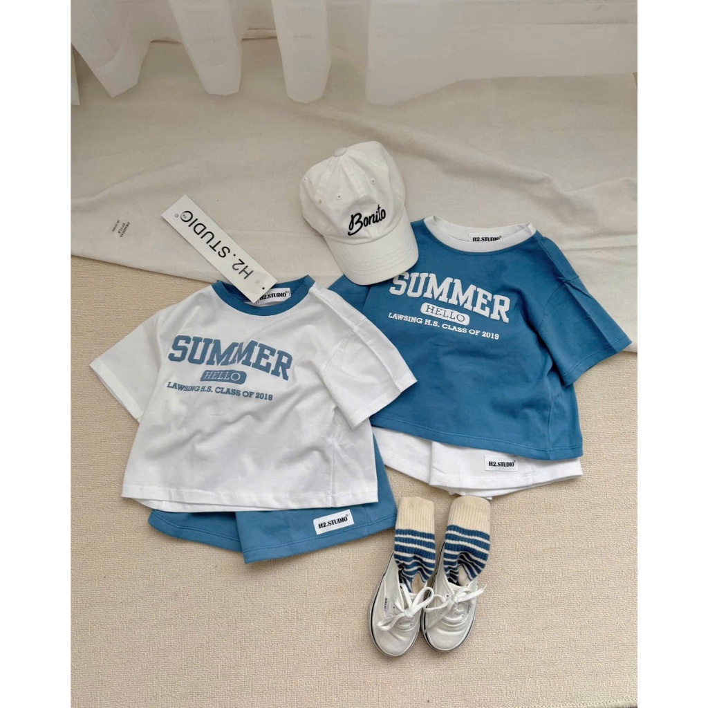 Combo 2 bộ cotton unisex cho bé trai, set 2 bộ cotton cộc tay basic tone xanh trắng cho bé