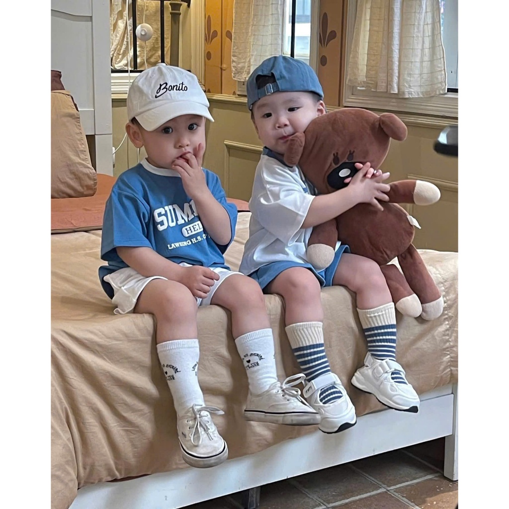 Combo 2 bộ cotton unisex cho bé trai, set 2 bộ cotton cộc tay basic tone xanh trắng cho bé