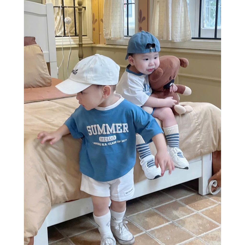 Combo 2 bộ cotton unisex cho bé trai, set 2 bộ cotton cộc tay basic tone xanh trắng cho bé