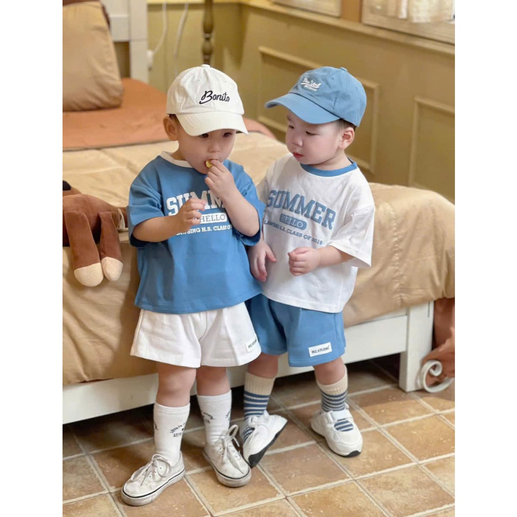 Combo 2 bộ cotton unisex cho bé trai, set 2 bộ cotton cộc tay basic tone xanh trắng cho bé