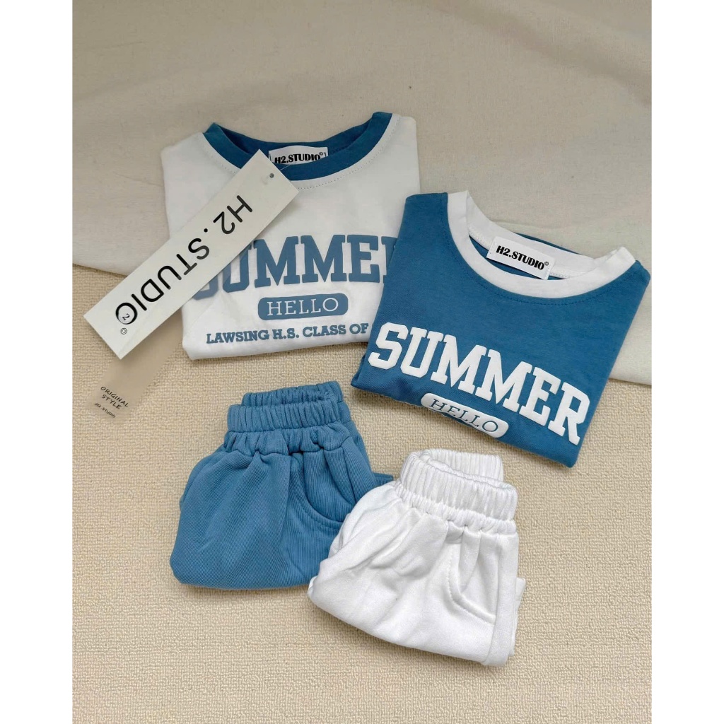 Combo 2 bộ cotton unisex cho bé trai, set 2 bộ cotton cộc tay basic tone xanh trắng cho bé