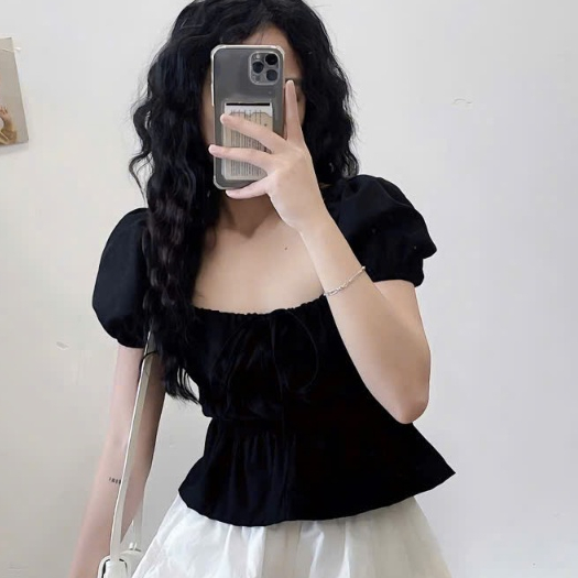 Áo kiểu nữ Joolate babydoll linen tay phồng tiểu thư bo thân nơ coquette ngực