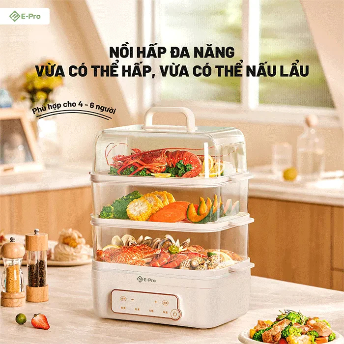 Nồi hấp điện đa năng E-Pro VEP-HPS-DZ08(PP3) 18L - Công suất 1200W - Bảo hành chính hãng 12 tháng