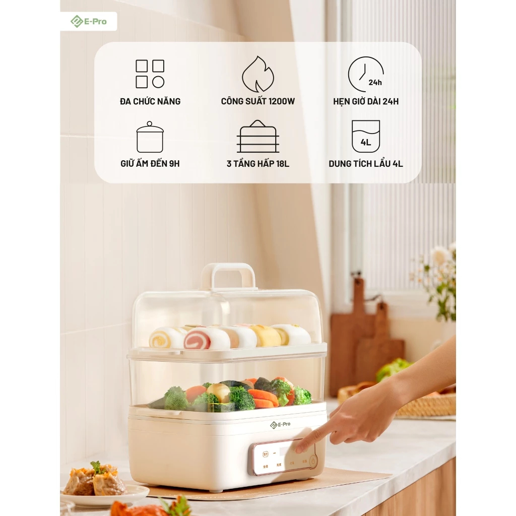 Nồi hấp điện đa năng E-Pro VEP-HPS-DZ08(PP3) 18L - Công suất 1200W - Bảo hành chính hãng 12 tháng