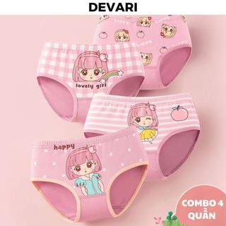 COMBO 4 Quần lót bé gái tam giác đáy lót 2 lớp thông hơi kháng khuẩn họa tiết cute L7002 DEVARI