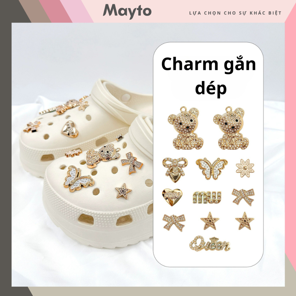 Bộ 12 Sticker, Charm 3D Queen Bear bling nhựa cứng gắn Dép Cross, Dép ...