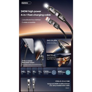Cáp sạc đa năng 4in1 Remax C1 Công suất 240W dài 1.2M (Đen) – Sạc Nhanh, Tiện Lợi, Bền Bỉ - Hãng phân phối