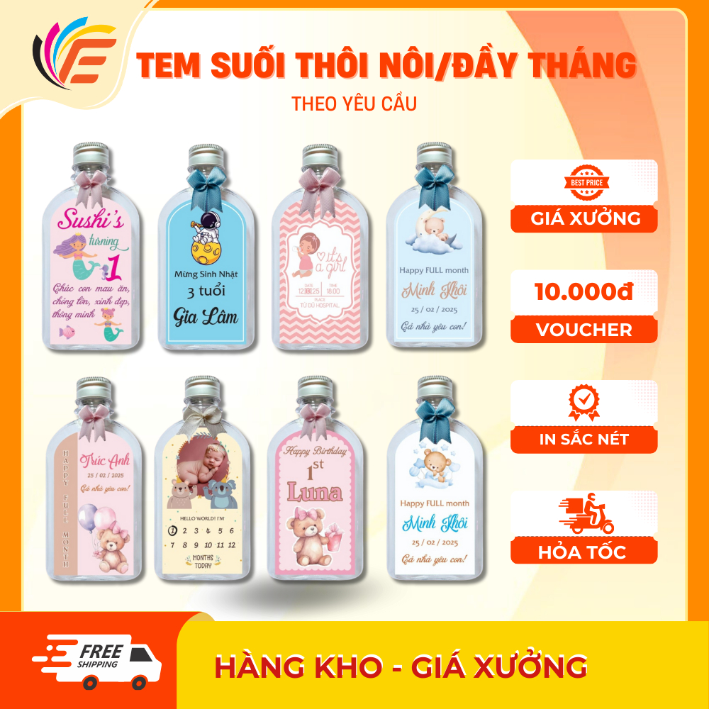 Tem Dán Chai Nước Đầy Tháng Thôi Nôi Sinh Nhật