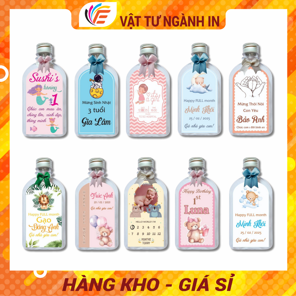 Tem Dán Chai Nước Đầy Tháng Thôi Nôi Sinh Nhật