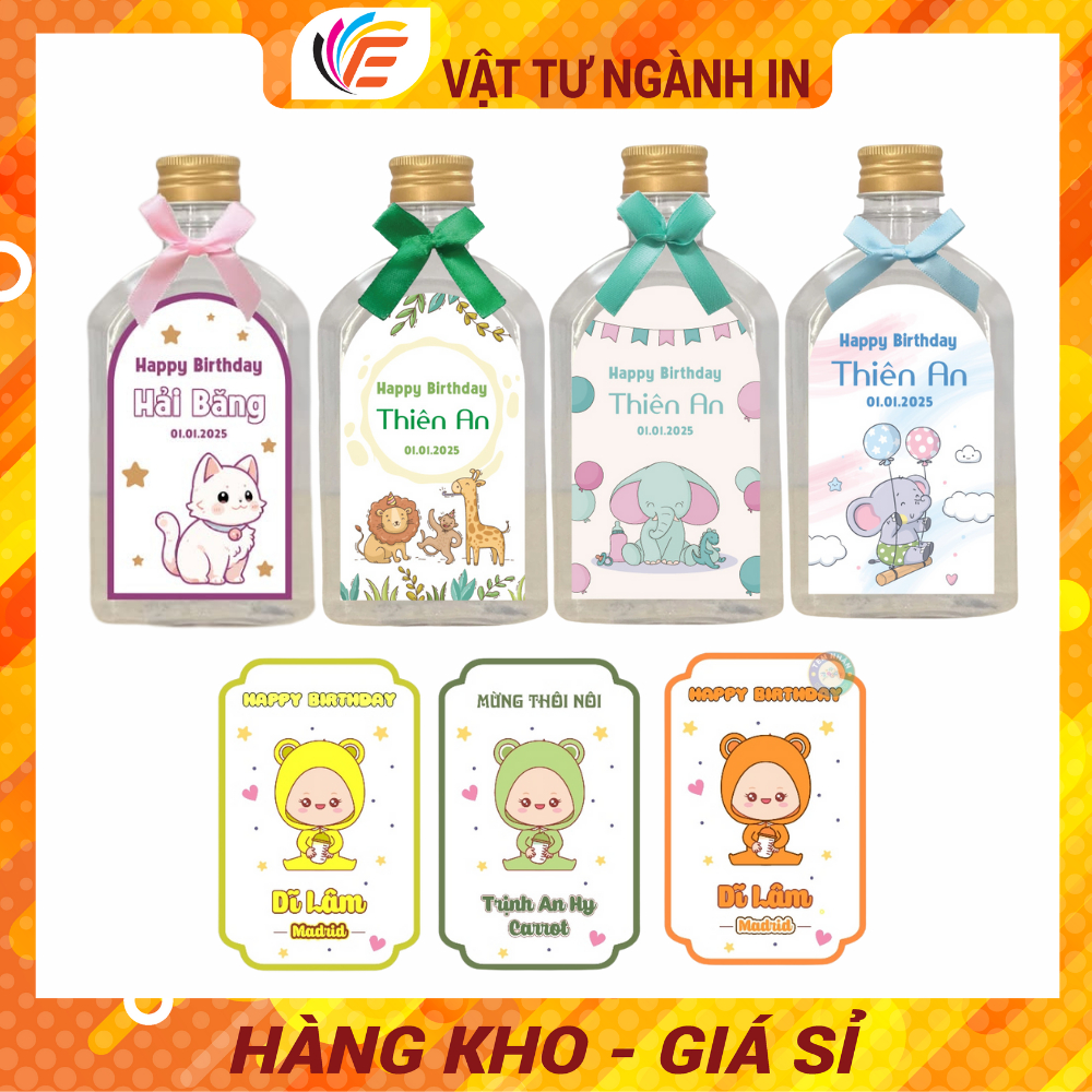 Tem Dán Chai Nước Đầy Tháng Thôi Nôi Sinh Nhật