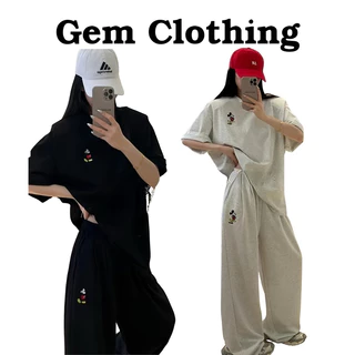 Bộ cộc tay thể thao THÊU MICKEY nam nữ unisex áo cộc mix quần dài xuông trơn basic ulzzang phong cách Hàn Quốc