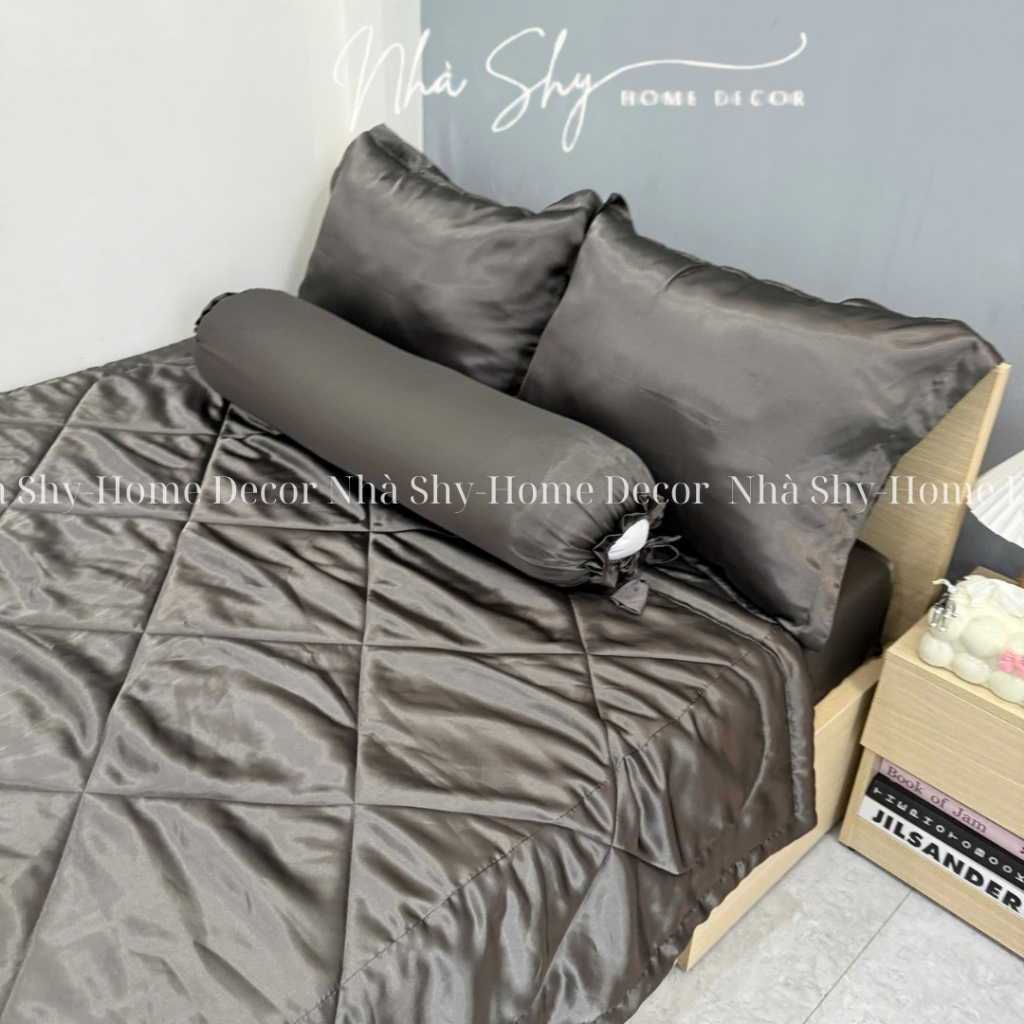 Trọn Bộ Drap Giường Phi Lụa Bóng Cao Cấp Màu Xám Đậm Đủ Size - Set 4 Món và 5 Món - Nhà Shy Home Decor