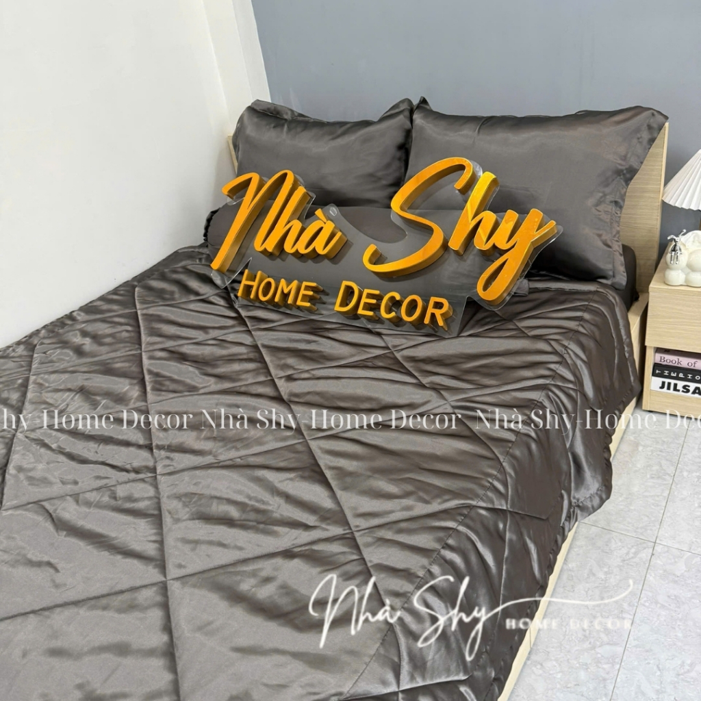 Trọn Bộ Drap Giường Phi Lụa Bóng Cao Cấp Màu Xám Đậm Đủ Size - Set 4 Món và 5 Món - Nhà Shy Home Decor
