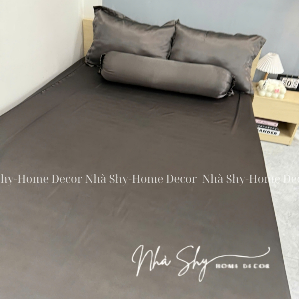Trọn Bộ Drap Giường Phi Lụa Bóng Cao Cấp Màu Xám Đậm Đủ Size - Set 4 Món và 5 Món - Nhà Shy Home Decor