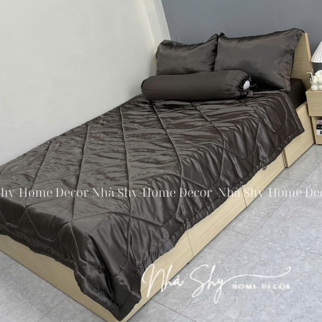 Trọn Bộ Drap Giường Phi Lụa Bóng Cao Cấp Màu Xám Đậm Đủ Size - Set 4 Món và 5 Món - Nhà Shy Home Decor