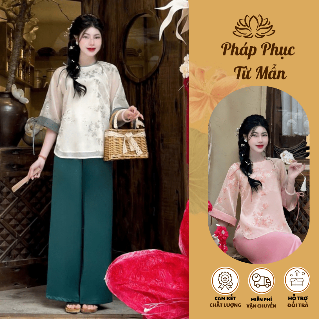 Pháp phục đi chùa cổ tròn tơ hoa phối viền nơ Bộ đồ đi chùa tơ 2 lớp mềm mát Đồ lam cách tân mặc đi lễ chùa Thanh lịch