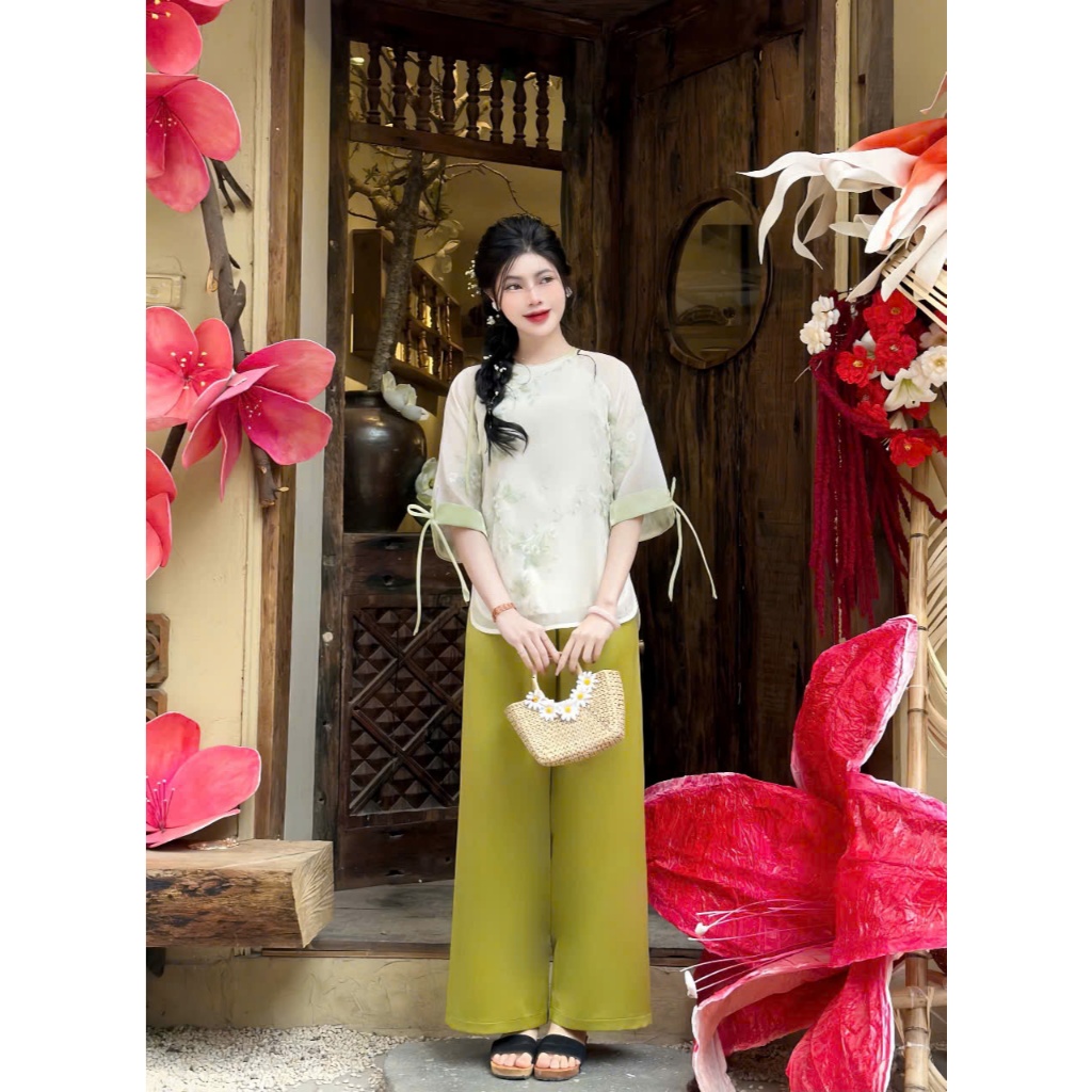 Pháp phục đi chùa cổ tròn tơ hoa phối viền nơ Bộ đồ đi chùa tơ 2 lớp mềm mát Đồ lam cách tân mặc đi lễ chùa Thanh lịch