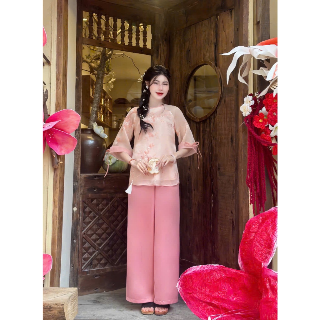 Pháp phục đi chùa cổ tròn tơ hoa phối viền nơ Bộ đồ đi chùa tơ 2 lớp mềm mát Đồ lam cách tân mặc đi lễ chùa Thanh lịch