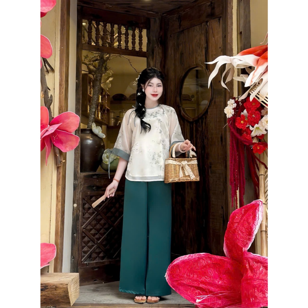 Pháp phục đi chùa cổ tròn tơ hoa phối viền nơ Bộ đồ đi chùa tơ 2 lớp mềm mát Đồ lam cách tân mặc đi lễ chùa Thanh lịch