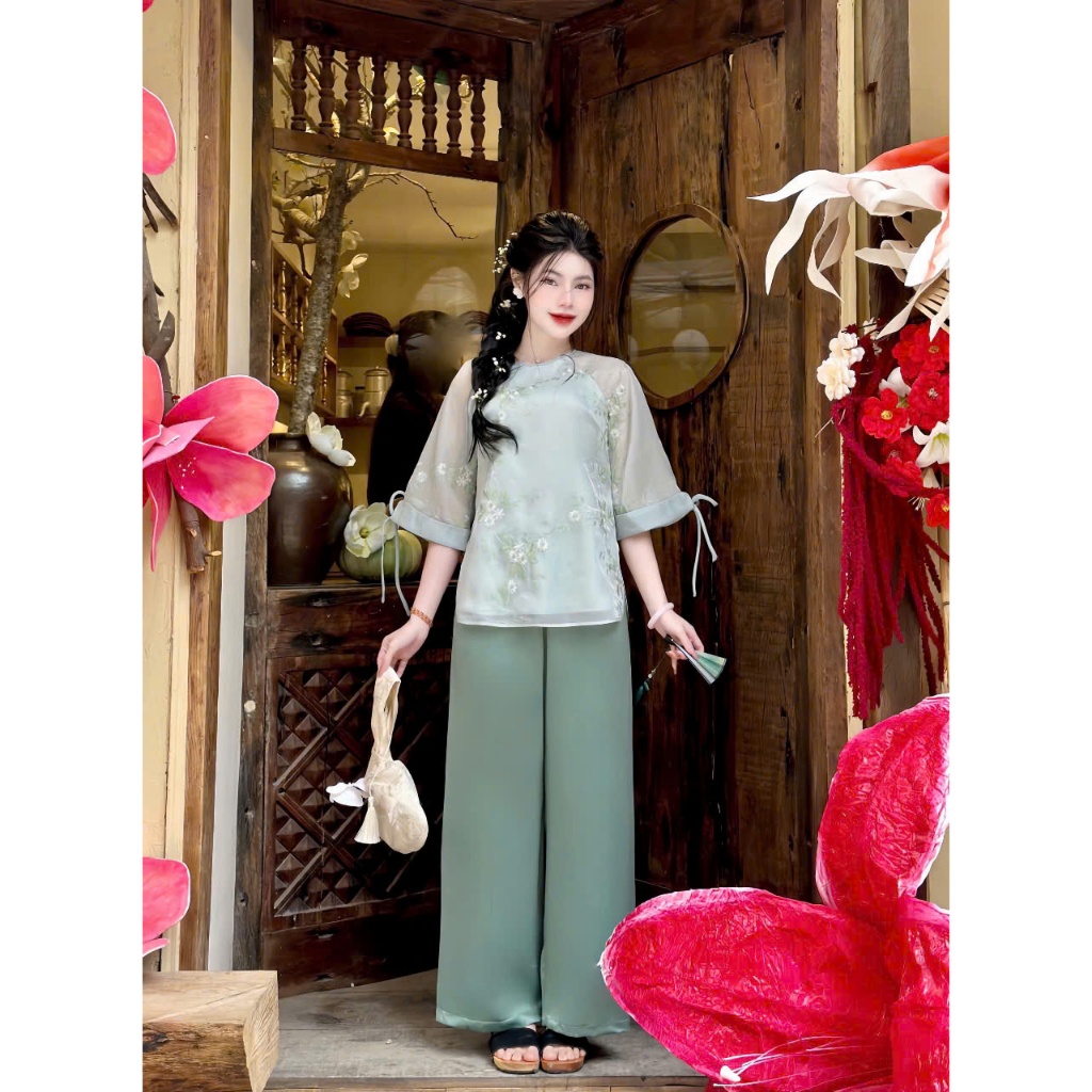 Pháp phục đi chùa cổ tròn tơ hoa phối viền nơ Bộ đồ đi chùa tơ 2 lớp mềm mát Đồ lam cách tân mặc đi lễ chùa Thanh lịch