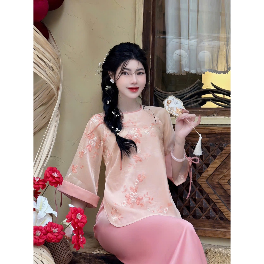 Pháp phục đi chùa cổ tròn tơ hoa phối viền nơ Bộ đồ đi chùa tơ 2 lớp mềm mát Đồ lam cách tân mặc đi lễ chùa Thanh lịch