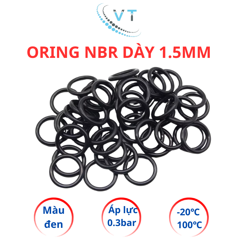 Gioăng cao su Oring NBR, Dày 1.5mm, Đường kính ngoài từ 4mm đến 30 mm (túi 30 sợi)