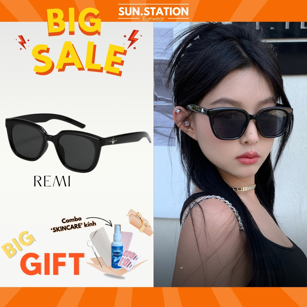 Kính râm nam nữ gọng vuông chống tia uv SUN.STATION, Kính mát đen ngầu ...